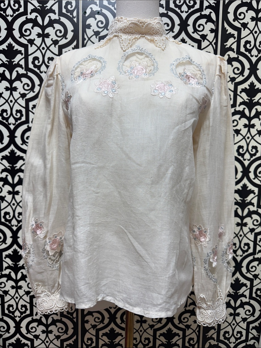 Vintage Ivory Lace-Trim Embroidered Victorian-Style Blouse